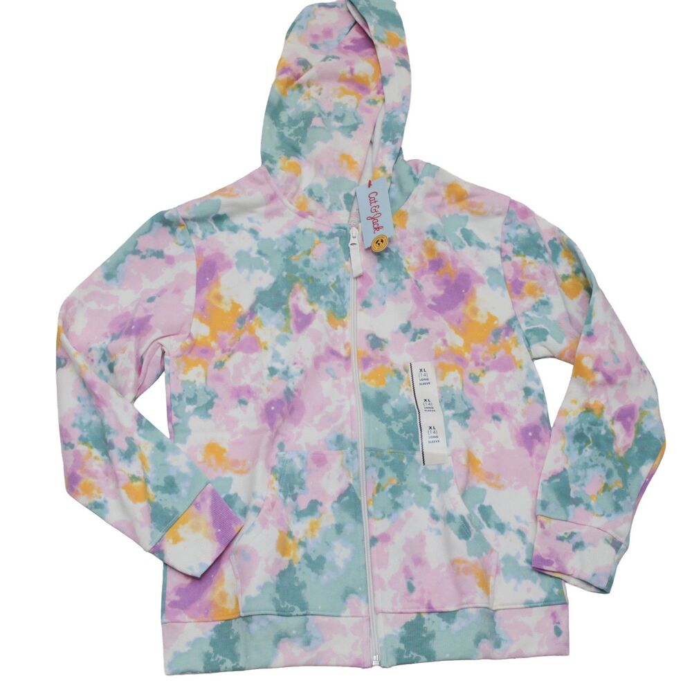 Cat & Jack Girls Size XL (14) Hoodie Zip Up Sweatshirt Tie Dye Pastel Multicolor